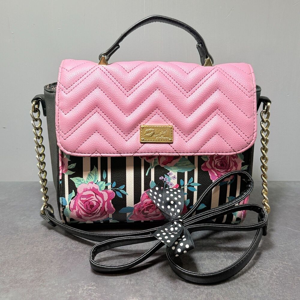 Love Betsey by Betsey Johnson Floral Stripe Crossbody Satchel Pink Chevon Handle - Picture 3 of 12